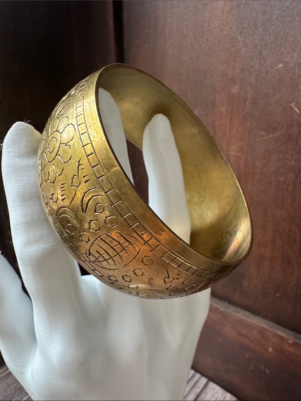 Brass Etched Floral Bangle Bracelet - Women's Jewelry
